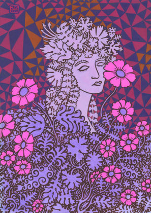 archetypální obraz fialové ženy v květech